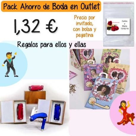 Pack “Super-Ahorro” de regalos Bodas en Outlet, con bolsas y tarjetas