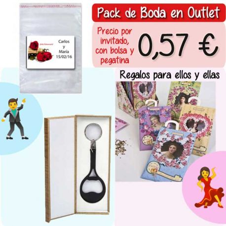 Pack “Super-Ahorro” de regalos Bodas en Outlet, con bolsas y tarjetas