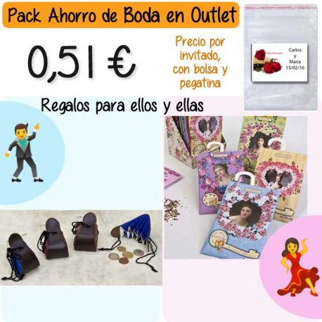 Pack “Super-Ahorro” de regalos Bodas en Outlet, con bolsas y tarjetas