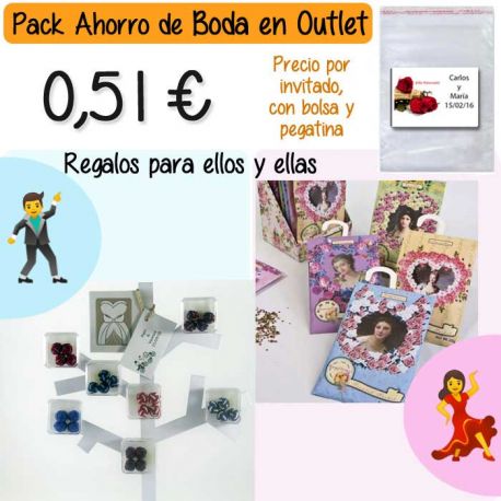 Pack “Super-Ahorro” de regalos Bodas en Outlet, con bolsas y tarjetas