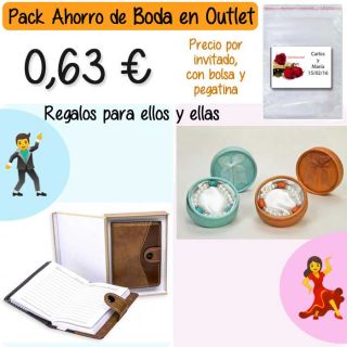 Pack “Super-Ahorro” de regalos Bodas en Outlet, con bolsas y tarjetas