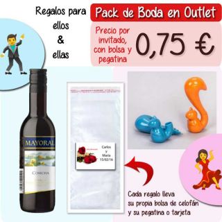 Pack “Super-Ahorro” de regalos Bodas en Outlet, con bolsas y tarjetas