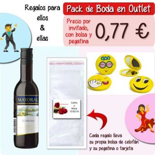 Pack “Super-Ahorro” de regalos Bodas en Outlet, con bolsas y tarjetas