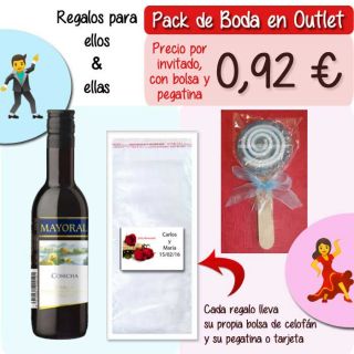 Pack “Super-Ahorro” de regalos Bodas en Outlet, con bolsas y tarjetas
