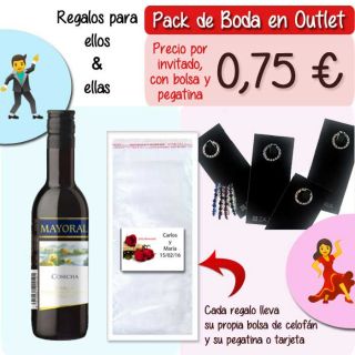 Pack “Super-Ahorro” de regalos Bodas en Outlet, con bolsas y tarjetas