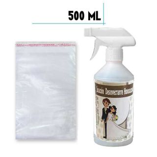 Gel hidroalcohólico 500ml con pegatina de boda y bolsa de celofán